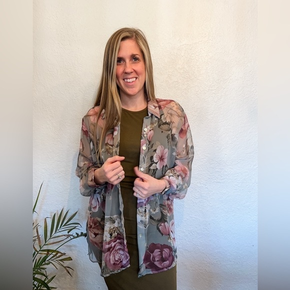 Vintage Byer Studio Sheer Floral Button Up Women’s 14 Cottage Core Green - Picture 3 of 10